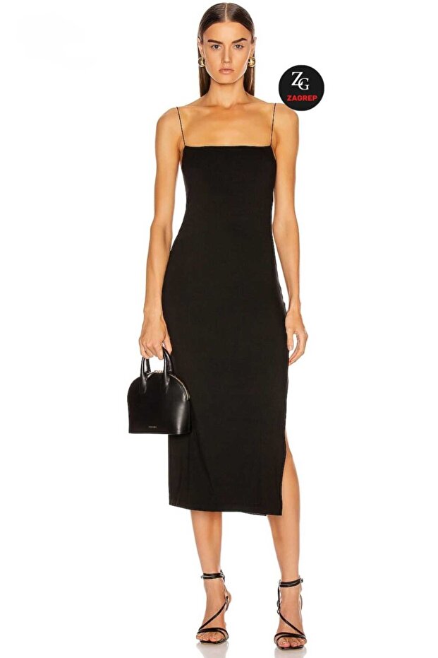 Women's Black Spaghetti Strap Slit Detailed Silk Jersey Midi Dress