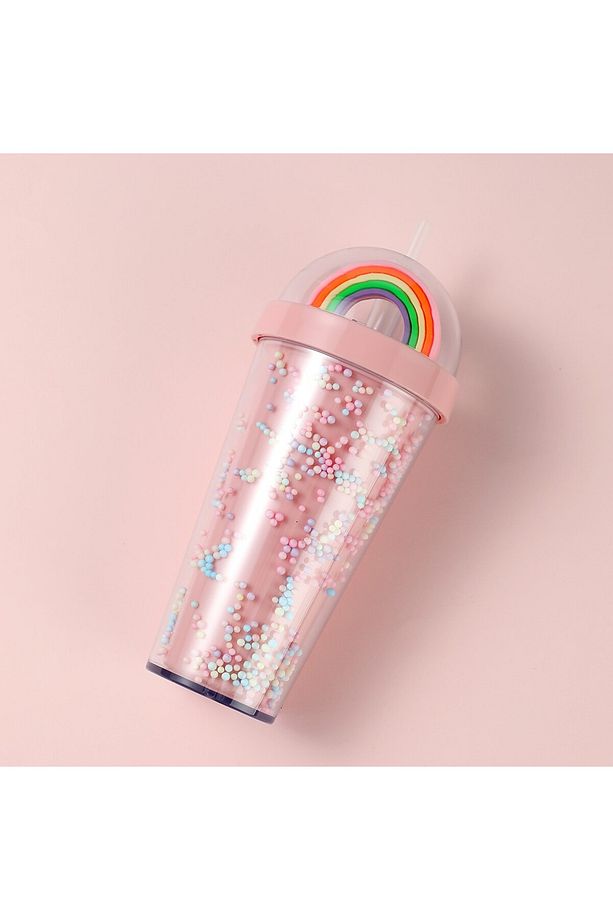 Gökkuşağı Figürlü Boncuklu Pipetli Plastik Su Şişesi (420Ml) - 2