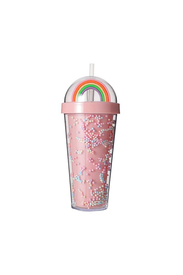 Gökkuşağı Figürlü Boncuklu Pipetli Plastik Su Şişesi (420Ml) - 1
