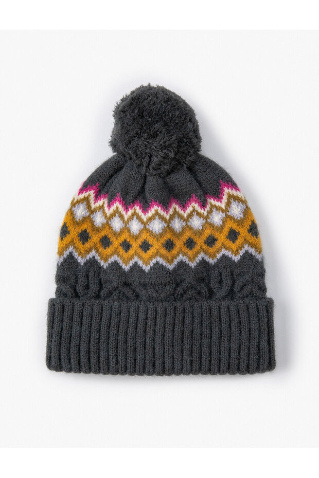Patterned Knitted Beret with Layered Edges and Pompom Detail