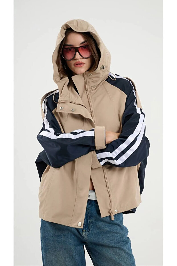 Oversize Şeritli Parka Kadın Yağmurluk - 3