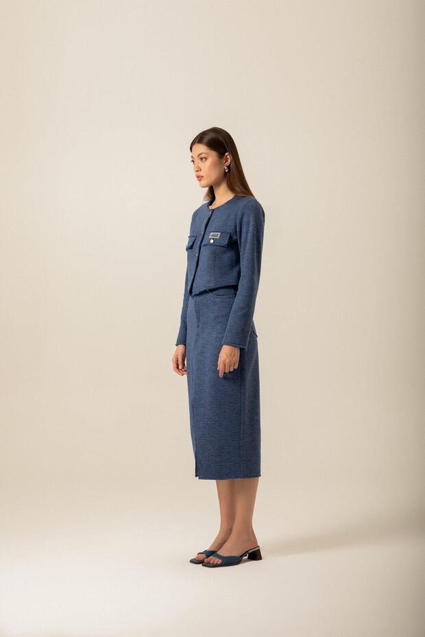 Cep kapağı Detaylı Örme Lacivert Ceket - 3