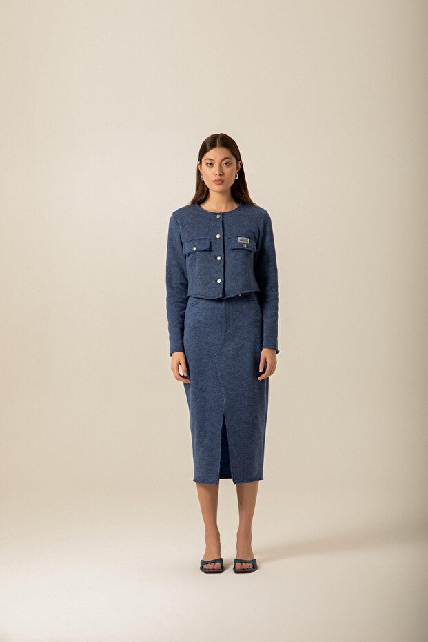 Cep kapağı Detaylı Örme Lacivert Ceket - 2