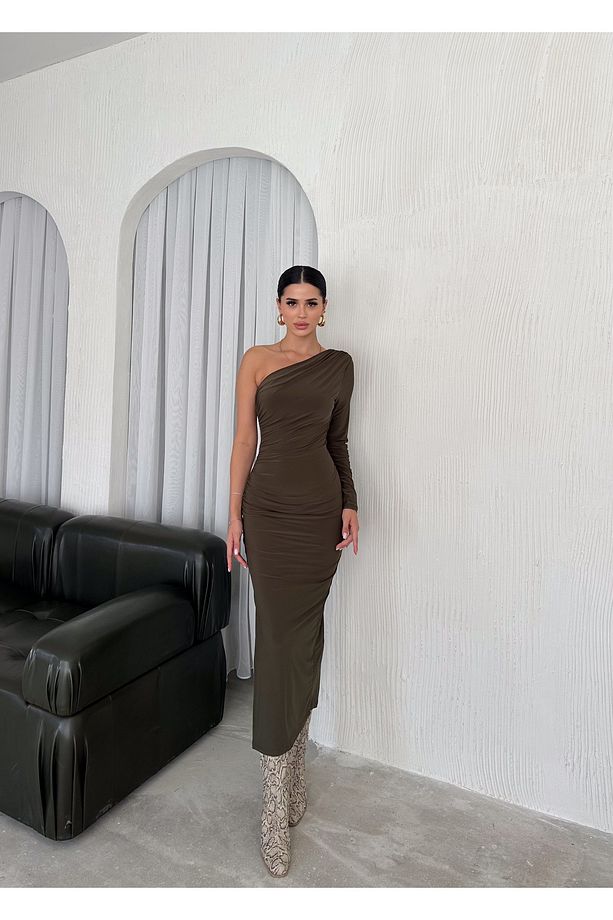 Kadın Haki Tek Kol Yanı Ve Omzu Büzgülü Drapeli Uzun Kol Elbise - 2