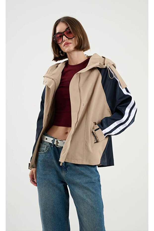 Oversize Şeritli Parka Kadın Yağmurluk - 1