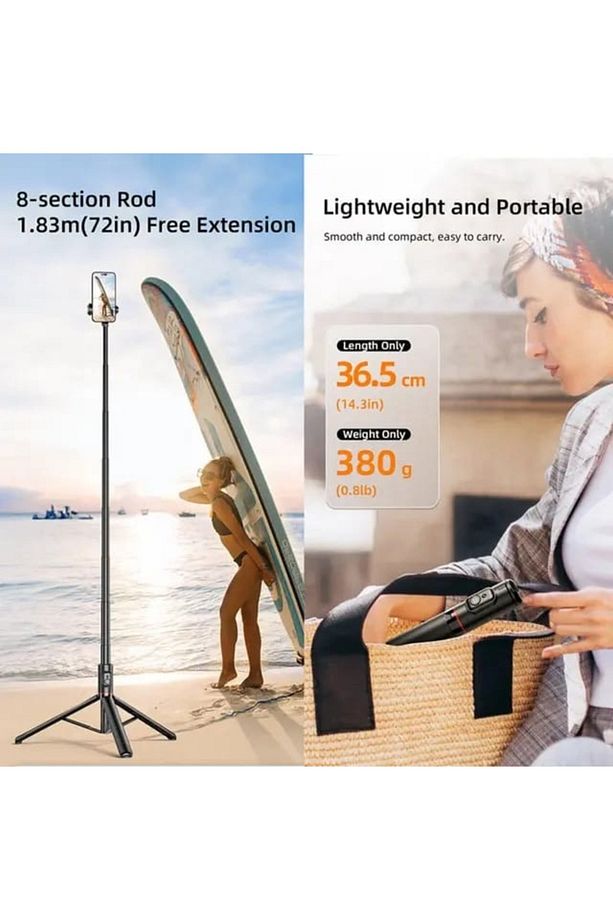 183 cm Bluetooth Kumandalı Katlanabilir Selfie Çubuğu Alüminyum Taşınabilir  Sağlam Tripod - 4