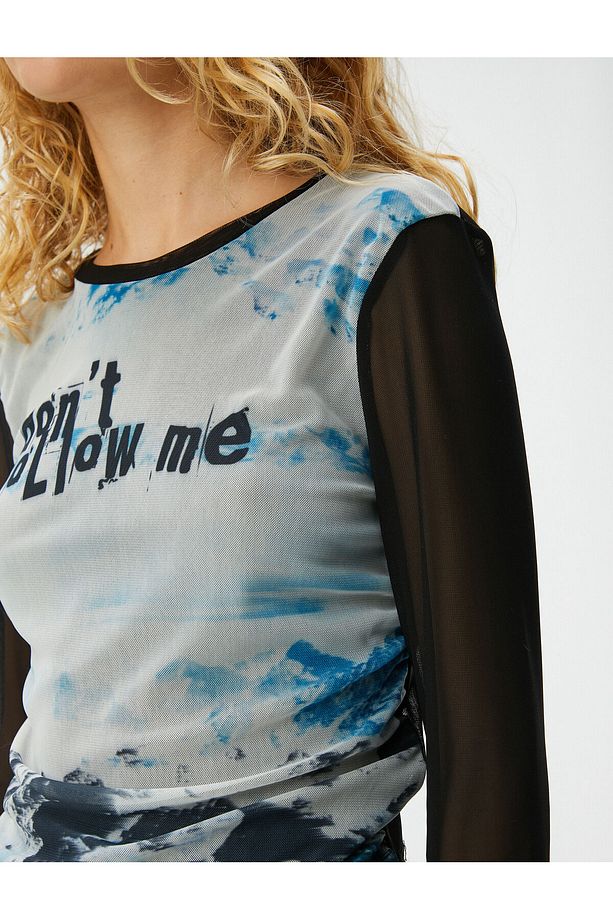 Tül Tişört Batik Desenli Slogan Baskılı Uzun Kollu Bisiklet Yaka - 5