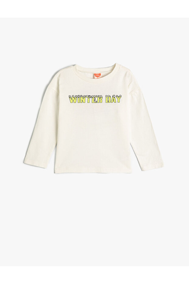 T-Shirt Long Sleeve Crew Neck Text Printed Cotton