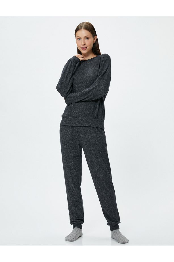 Pijama Üstü Bisiklet Yaka Uzun Kollu Viskon Karışımlı - 3