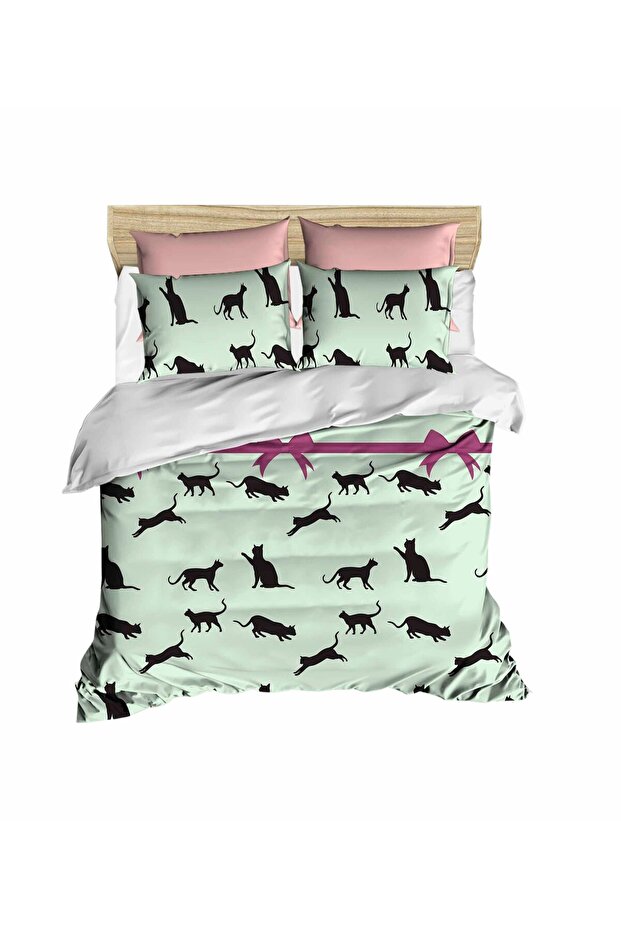 Cats 3D Digital Double Duvet Cover Set with Ribbon