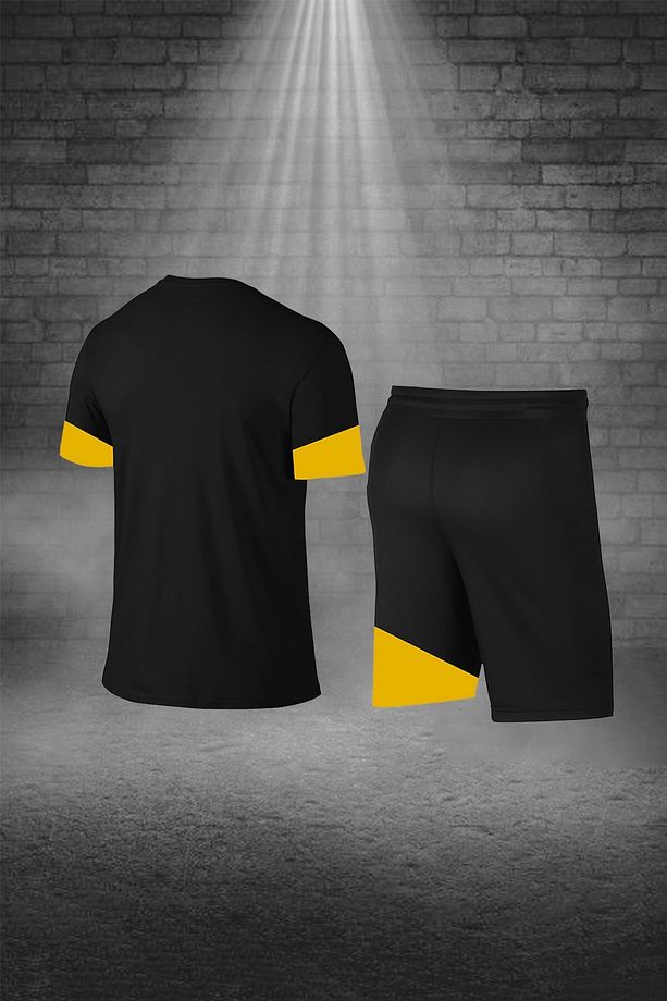 Erkek Siyah Dri-Fit Kumaş Baskısız Yuvarlak Yaka Kısa Kol Regular Tişört Şort Alt Üst İkili Set (S - - 4