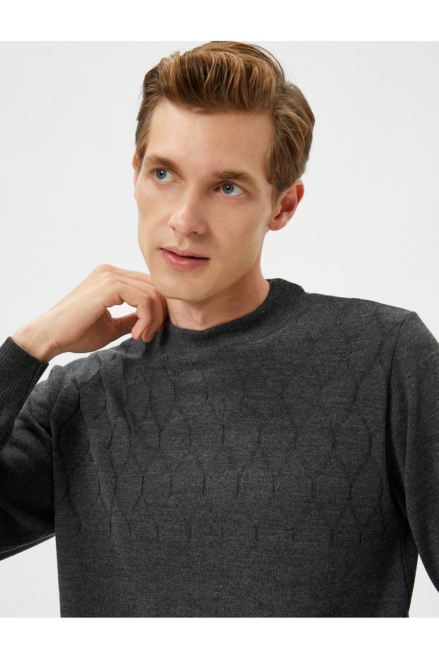 Crew Neck Sweater Slim Fit Textured Ribbed Long Sleeve