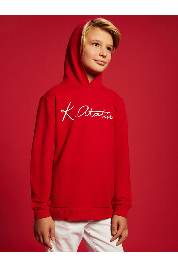 Red Hooded Boys' Sweatshirt with Atatürk Signature Print