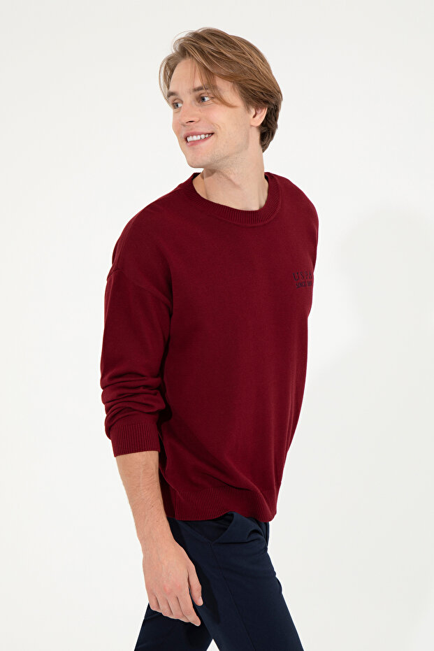 Men's Claret Red Crew Neck Knitwear Sweater 50258306 -Vr014