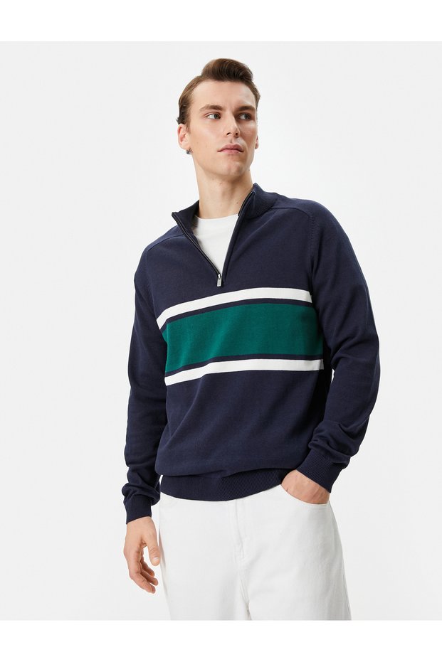 Half Zippered Sweater Slim Fit Stand Collar Color Block Cotton
