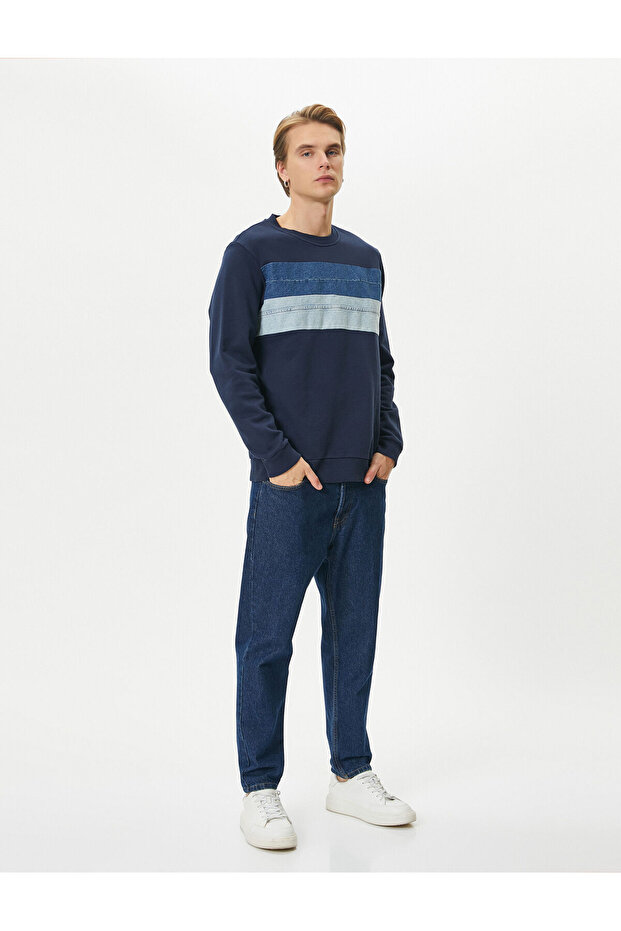 Crew Neck Sweatshirt Fabric Block Long Sleeve Cotton