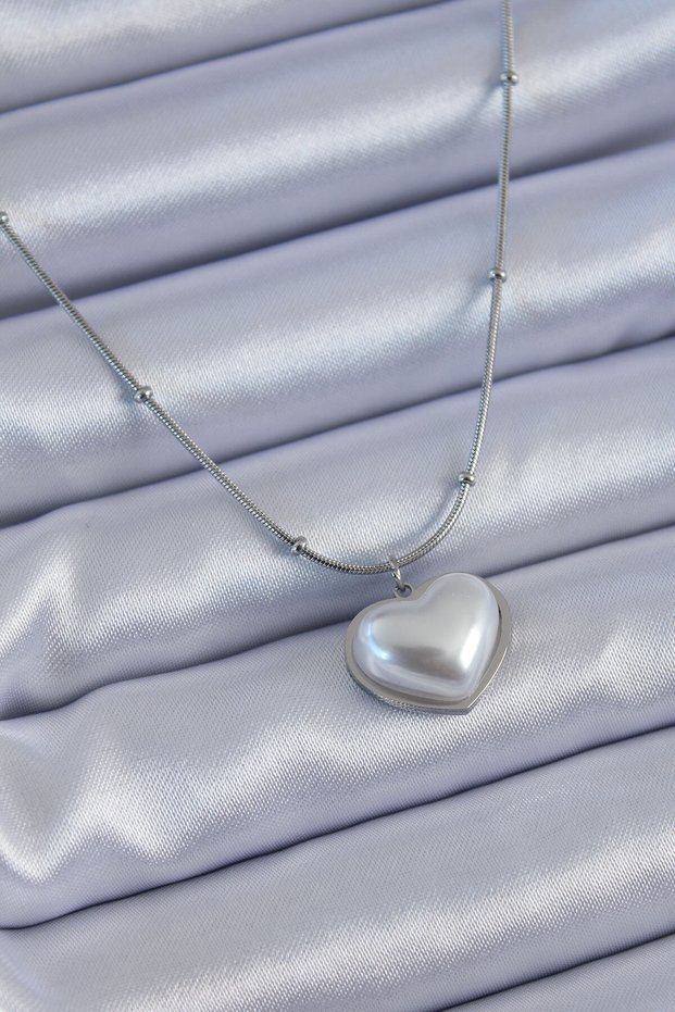 316L Steel Silver Color Pearl Heart Model Minimal Ball Detail Women's Necklace