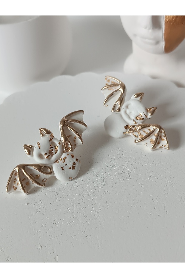 Halloween Accessory Party Gold Detail White Bat Earrings - Steel Pin Polymer Clay Earrings