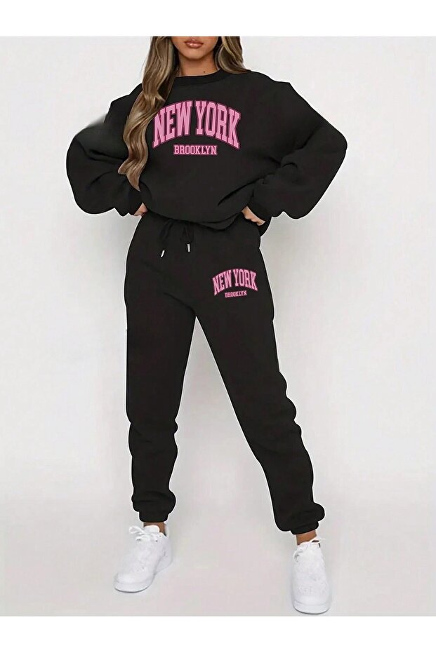Women's Black New York Brooklyn Printed Oversized Crew Neck Sweatshirt Jogger Bottom Top Set