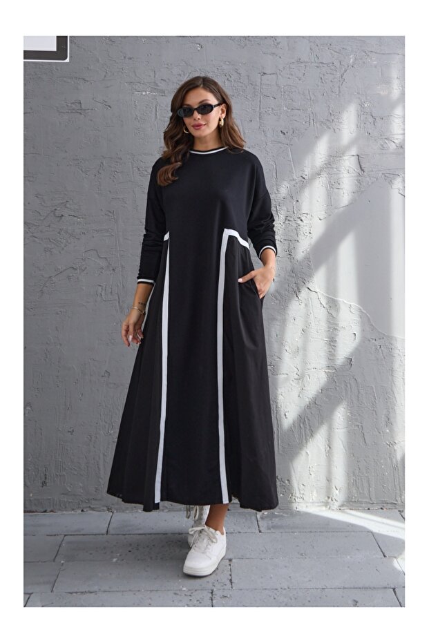 Black Stripe Detailed Long Sleeve Dress