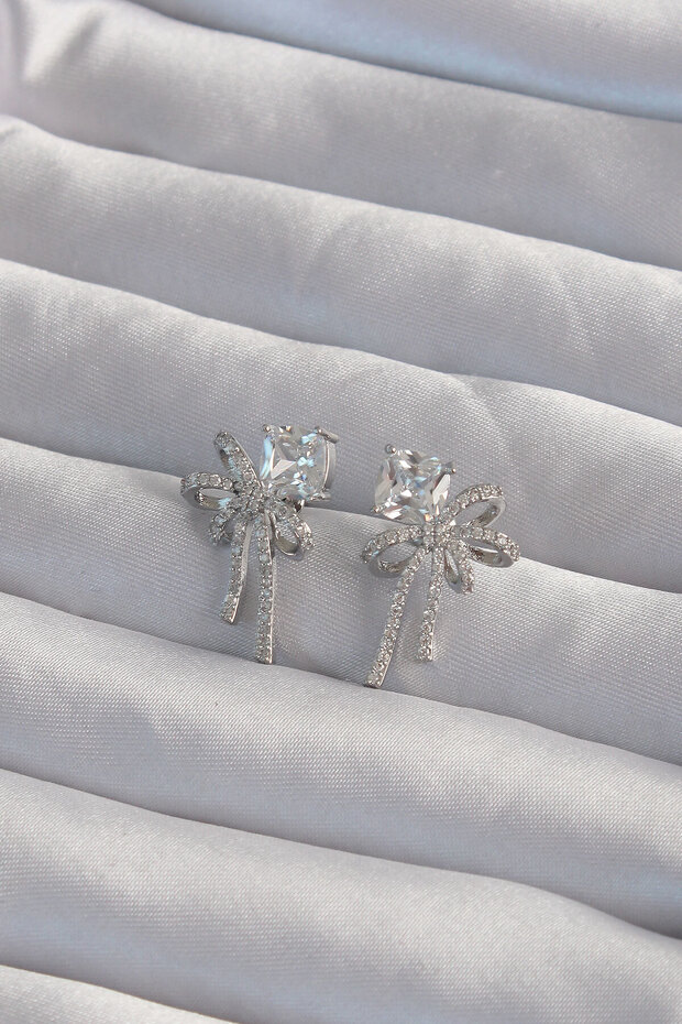Brass Silver Color Square Zircon Stone Bow Earrings