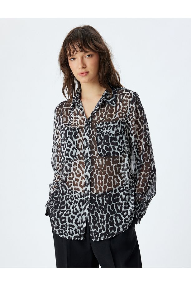 Leopar Şifon Gömlek Uzun Kollu Cep Detaylı Regular Fit - 3