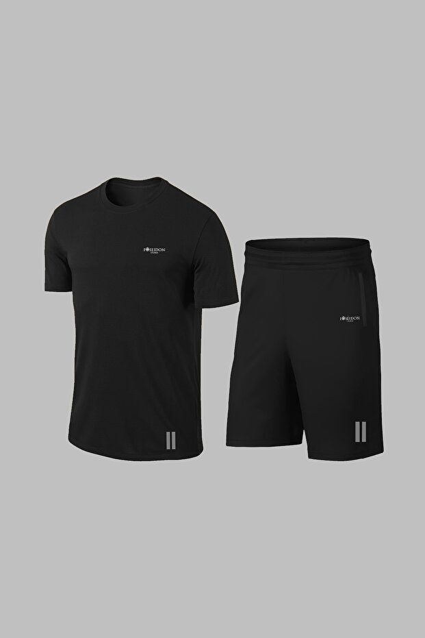 Plus Size Men's Black Dri-Fit Unprinted Comfortable Athlete T-Shirt Shorts for Walking and Running Bottom Top Two-Piece