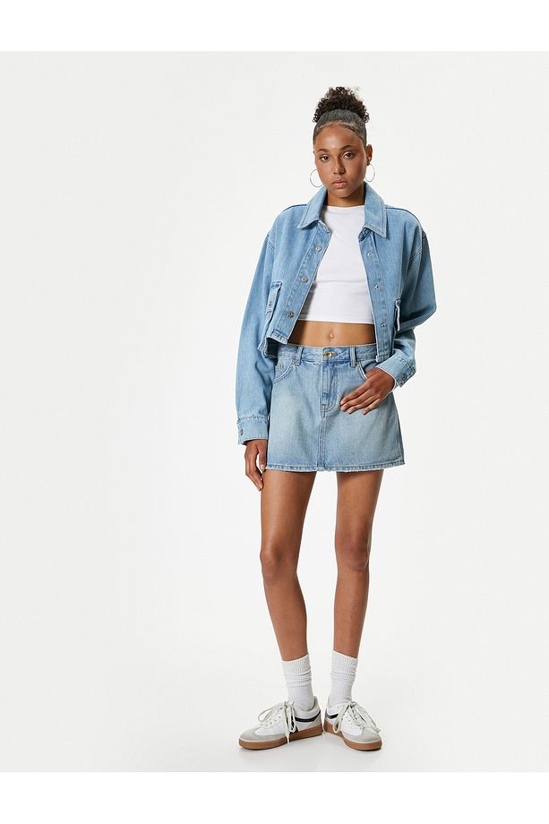 Mini Kot Şort Etek Slim Fit Düğmeli Cep Detaylı - 2