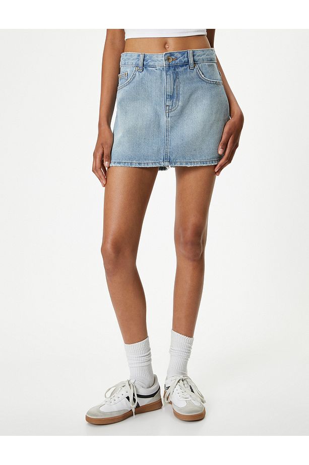 Mini Kot Şort Etek Slim Fit Düğmeli Cep Detaylı - 3