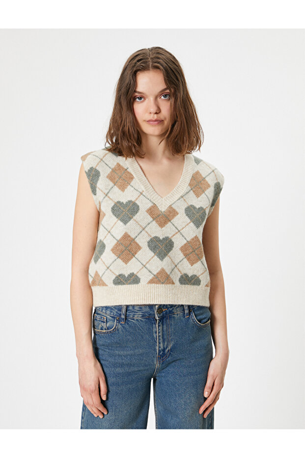 Strickpullover mit V-Ausschnitt, Jacquard, ärmellos - 3