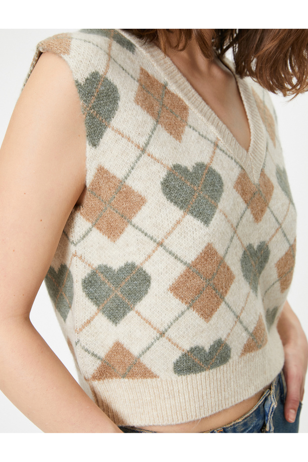 Strickpullover mit V-Ausschnitt, Jacquard, ärmellos - 5