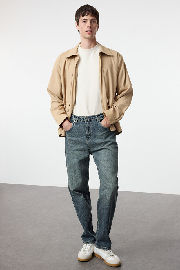 Lacivert Eskitme Efectli Baggy/90's Straight Fit Jeans Bol Kot Pantolon TMNSS24JE00012 - 2