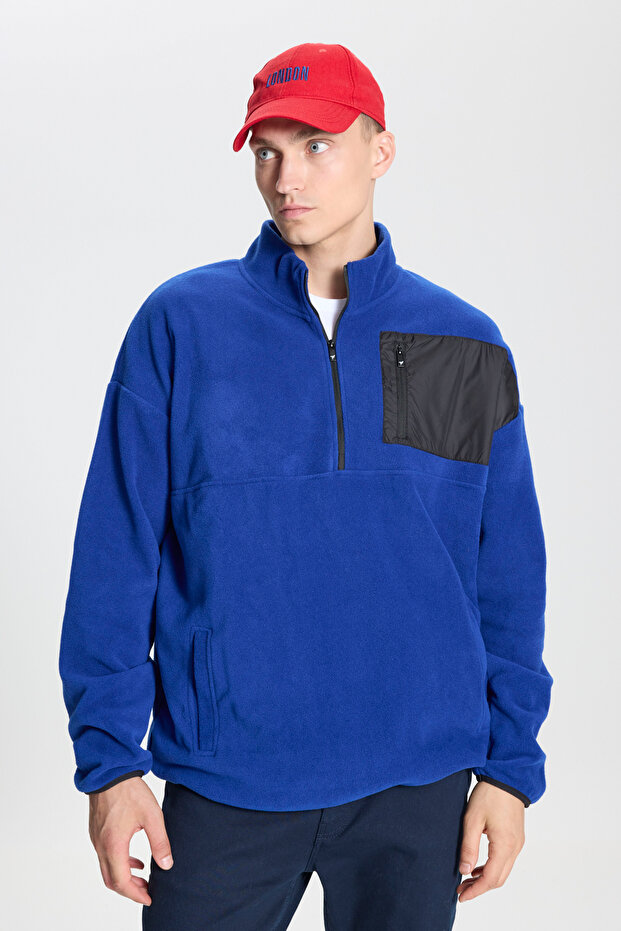 Men's Cobalt Blue Oversize Loose Cut Stand-Up Bato Collar Pocket Detailed Zipper Cold-Proof Fleece Sweatshirt