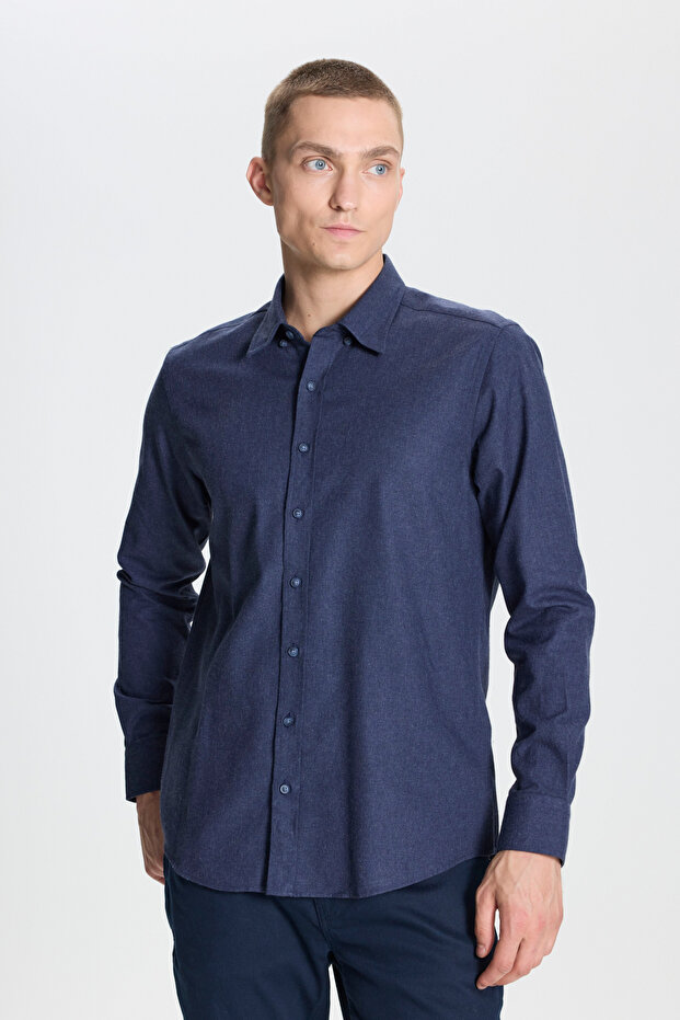 Men's Navy Blue Cotton Flannel Oxford Slim Fit Slim Fit Hidden Button Collar Shirt