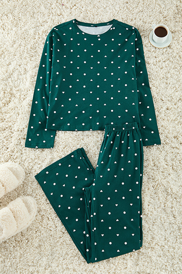 Zümrüt Yeşili %100 Pamuklu Puantiye ve Kalpli Örme Pijama Takımı THMAW25PT00039 - 1