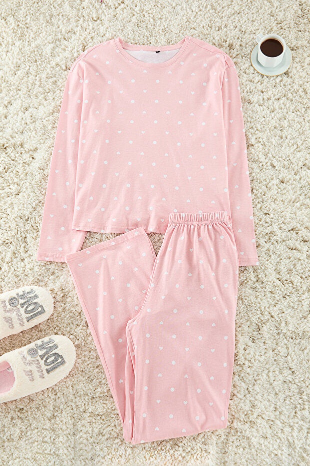 Pembe %100 Pamuklu Puantiye ve Kalpli Örme Pijama Takımı THMAW25PT00039 - 1
