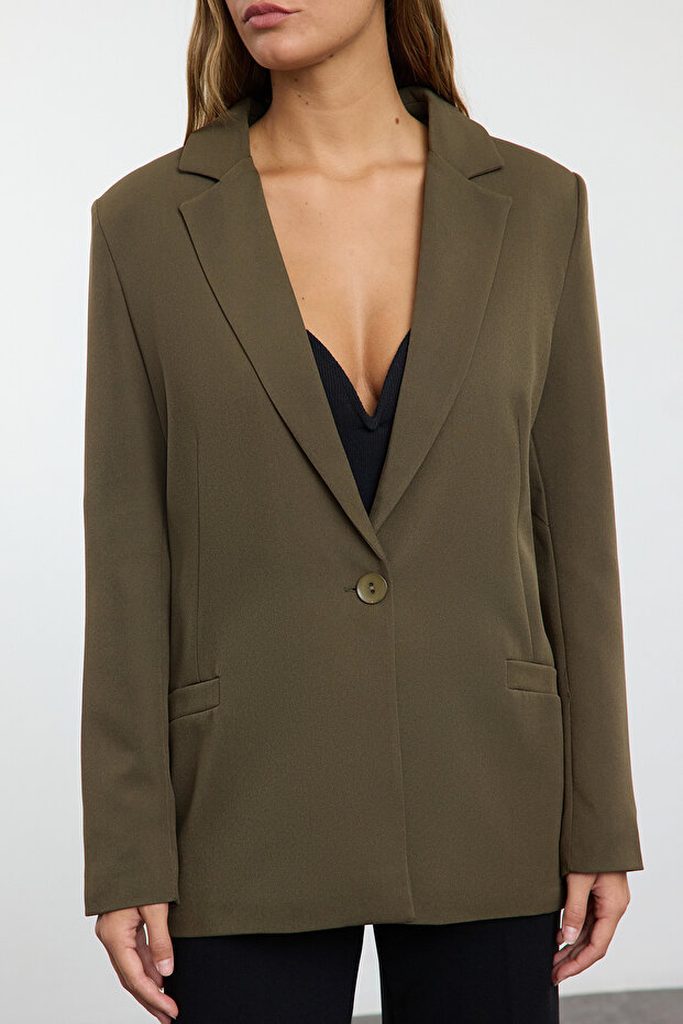 Koyu Haki Regular Astar Detaylı Dokuma Blazer Ceket TWOAW20CE0316 - 3