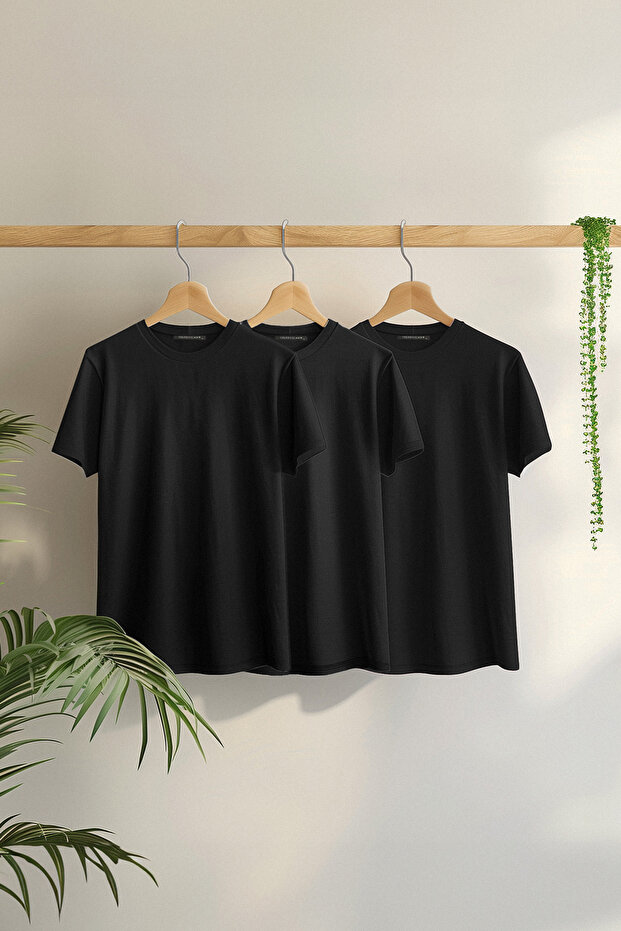 Unisex Siyah 3'lü Paket Siyah Slim/Dar Kesim Bisiklet Yaka Basic %100 Pamuklu T-Shirt TMNSS19BO0007 - 1