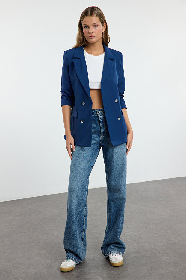 Indigo Regular Astarlı Kruvaze Kapama Dokuma Blazer Ceket TWOAW21CE0264 - 2