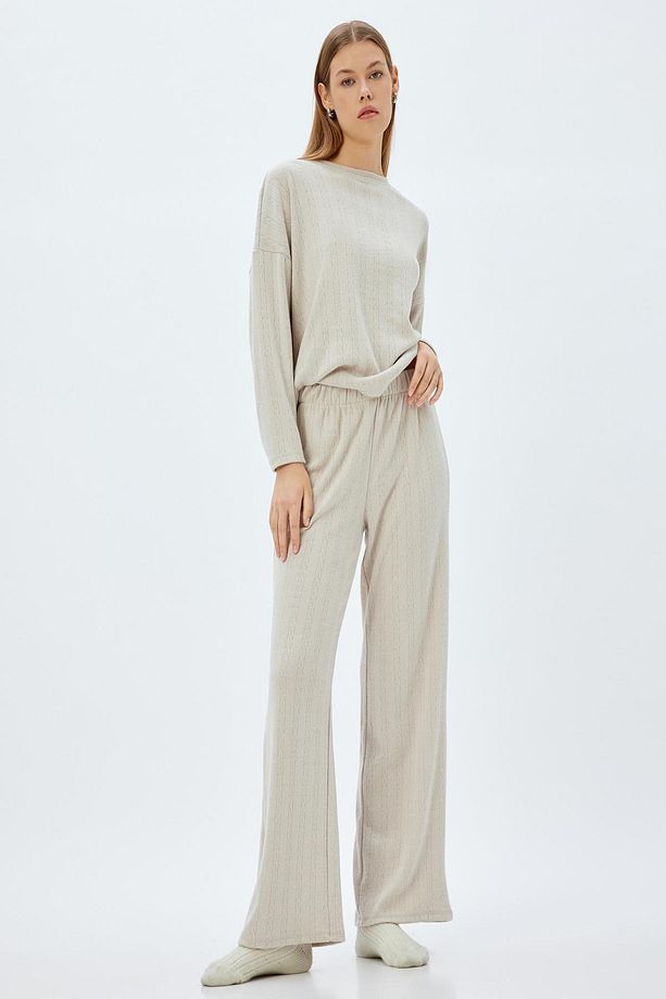 Gri Örme Pijama Üstü Saç Örgü Dokulu Bisiklet Yaka Rahat Kalıp 5WLK40083MK - 2