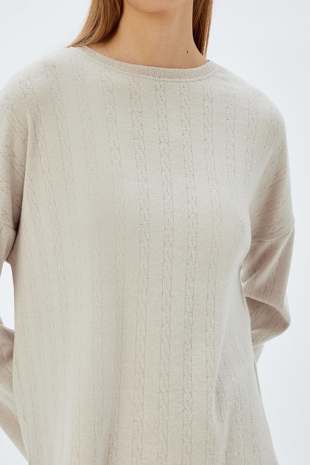 Gri Örme Pijama Üstü Saç Örgü Dokulu Bisiklet Yaka Rahat Kalıp 5WLK40083MK - 5