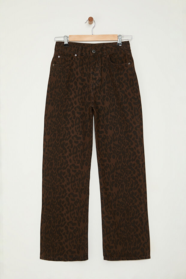 Çok Renkli Leopar Desenli Kahverengi Yüksek Bel Wide Leg Geniş Paça %100 Pamuk Jeans TWOAW25JE00260 - 6
