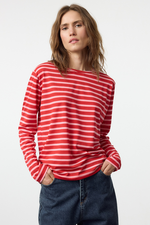 Kırmızı-Pembe Çizgili Regular/Normal Kalıp Basic Bisiklet Yaka Örme T-Shirt TWOAW23TS00002 - 1
