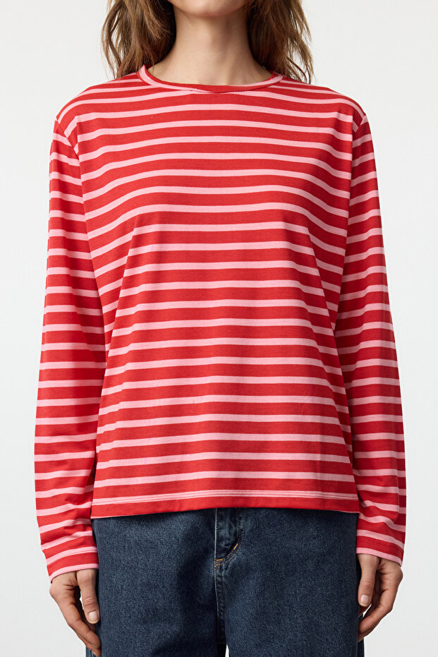 Kırmızı-Pembe Çizgili Regular/Normal Kalıp Basic Bisiklet Yaka Örme T-Shirt TWOAW23TS00002 - 4