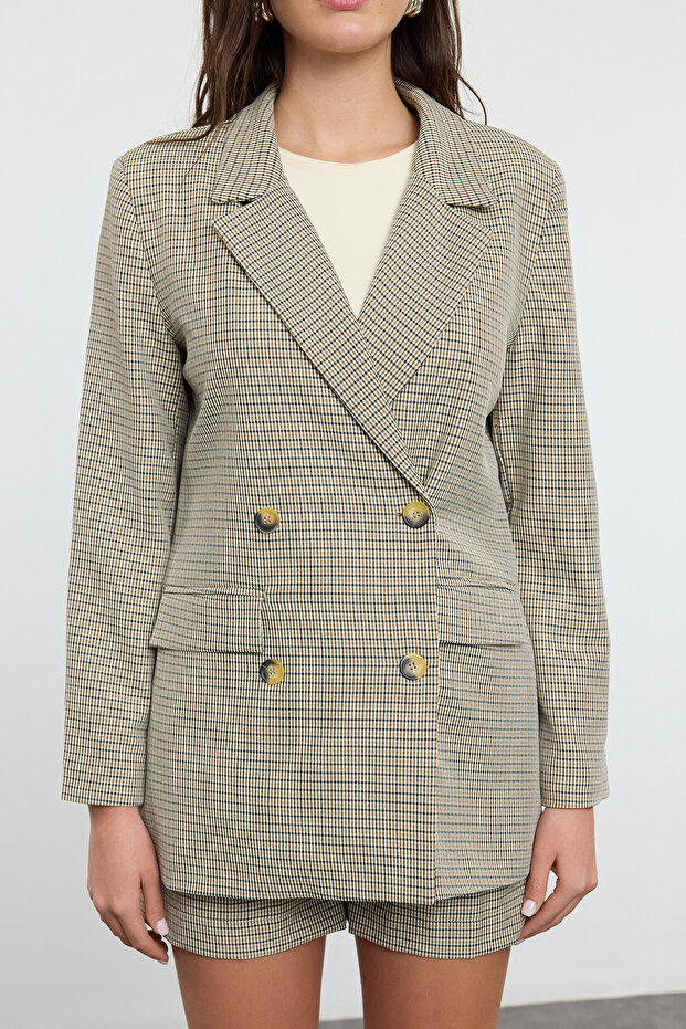 Kahverengi Kazayağı Desenli Dokuma Blazer Ceket TWOAW25BC00036 - 3