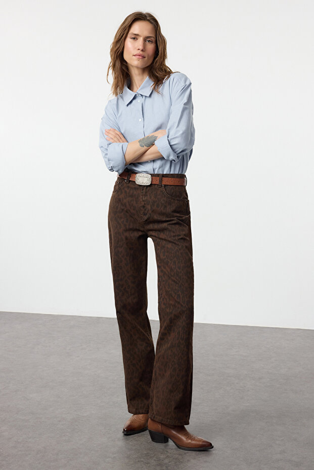 Çok Renkli Leopar Desenli Kahverengi Yüksek Bel Wide Leg Geniş Paça %100 Pamuk Jeans TWOAW25JE00260 - 1
