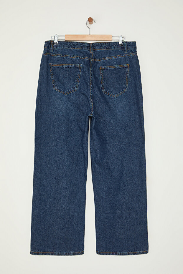 Koyu Mavi Yüksek Bel Vintage Yıkama Straight Fit %100 Pamuk Non-Stretch Jeans TBBSS24CJ00042 - 8