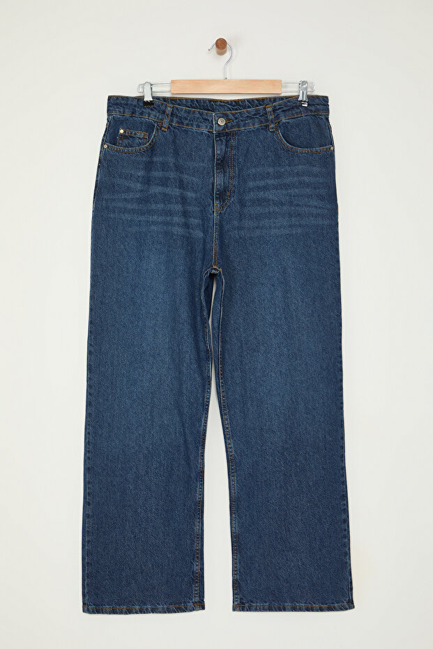 Koyu Mavi Yüksek Bel Vintage Yıkama Straight Fit %100 Pamuk Non-Stretch Jeans TBBSS24CJ00042 - 6
