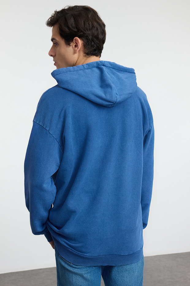 Indigo Oversize/Geniş Kesim Kapüşonlu Soluk Efekt Hırka/Şardonsuz Sweatshirt TMNAW25SW00049 - 5