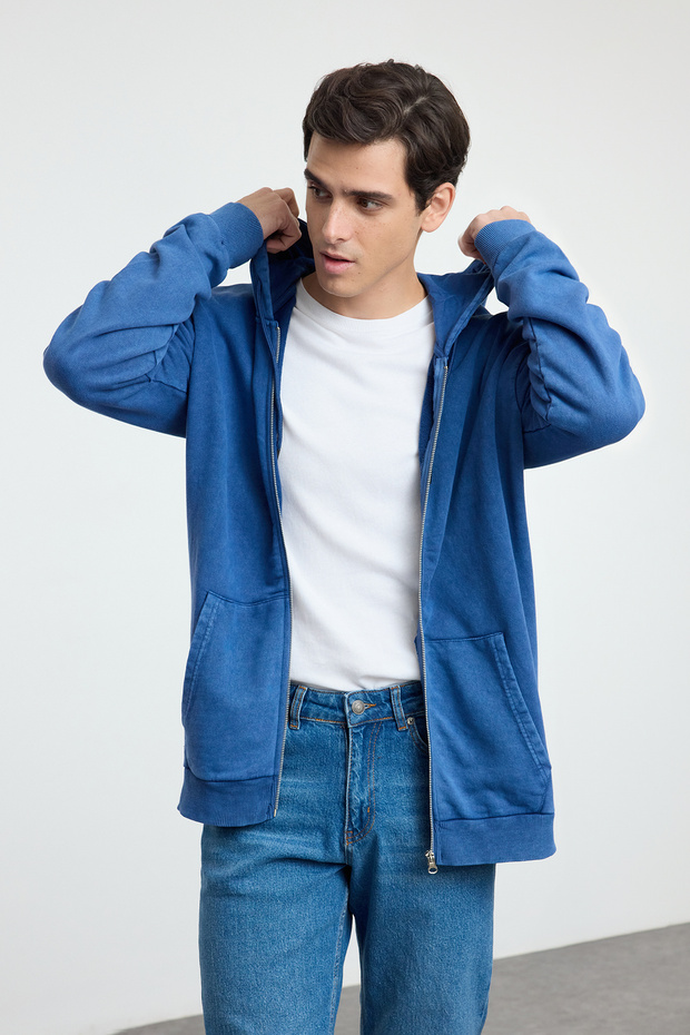 Indigo Oversize/Geniş Kesim Kapüşonlu Soluk Efekt Hırka/Şardonsuz Sweatshirt TMNAW25SW00049 - 2